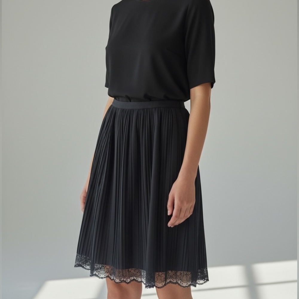 Dana Buchman Black Pleated Lace Hem Midi Skirt